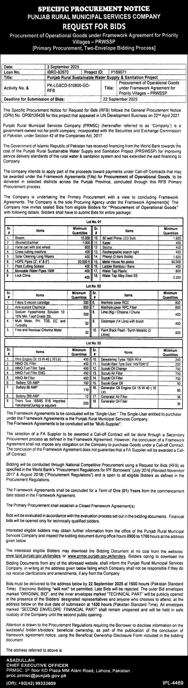 Punjab Rural Municipal Services Company Tender Notice